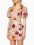 V-neck, Three-dimensional Floral, Bodycon Lantern Sleeve Short Dress