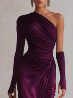 Asymmetrical Sloping Shoulders Long Sleeve Slit Grace Temperament Maxi Dresses