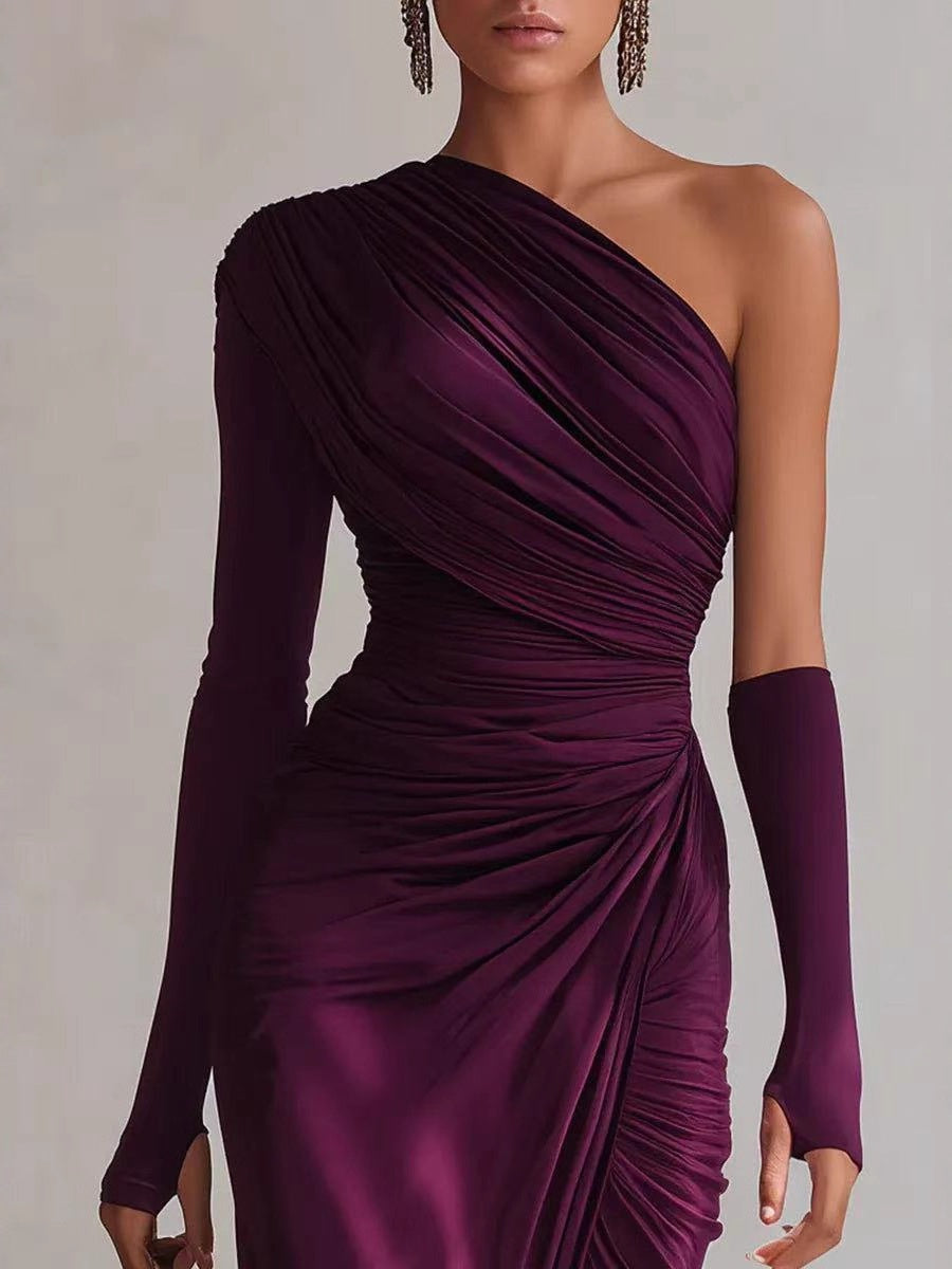 Asymmetrical Sloping Shoulders Long Sleeve Slit Grace Temperament Maxi Dresses