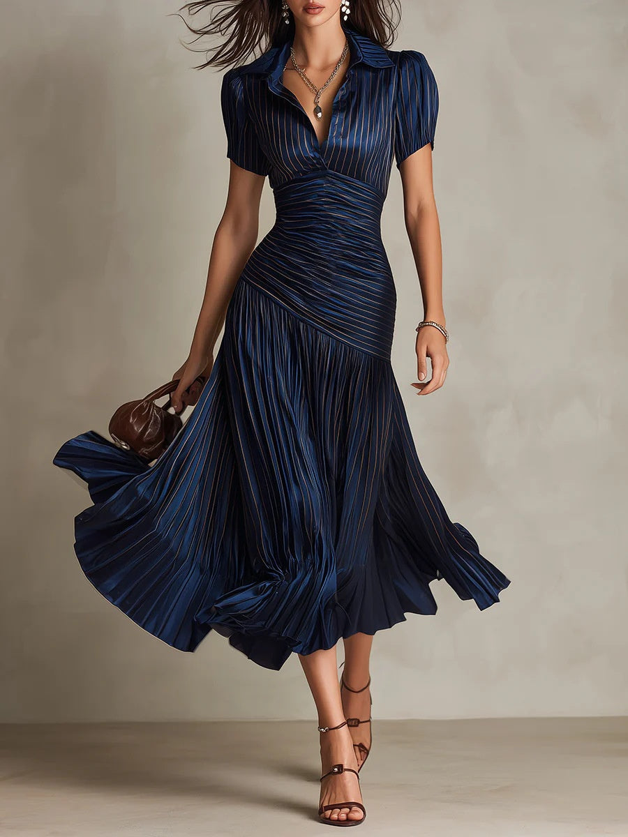 Stripes Satin Splicing Big Swing Temperament Maxi Dresses