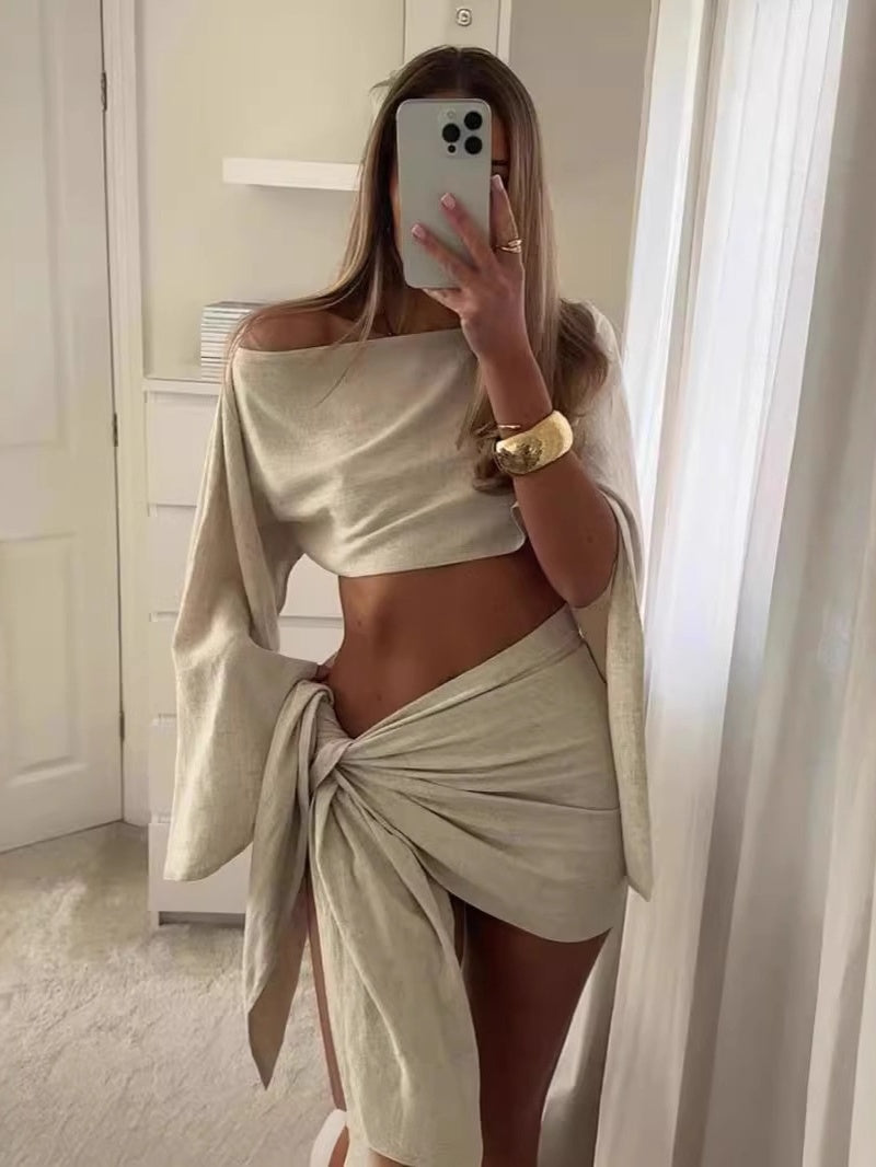 Beach Vacation Sun Protection Breathable Long-sleeved Top And Short Skirt 2-piece Sets