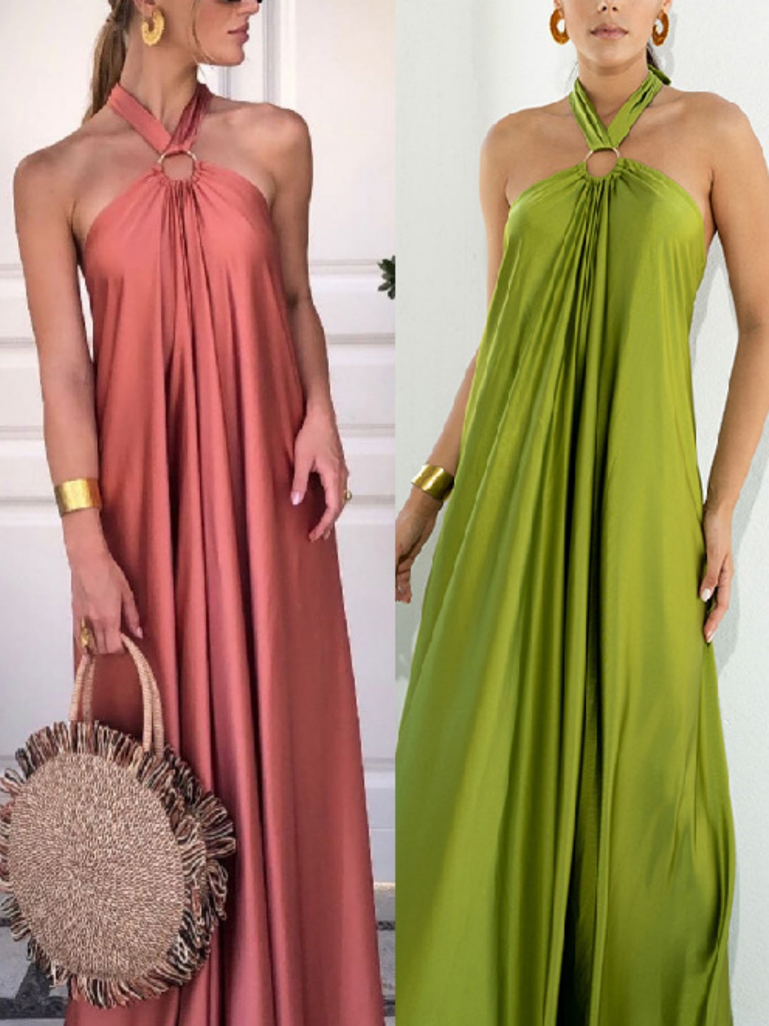 Satin Neckband Large Skirt Maxi Dresses