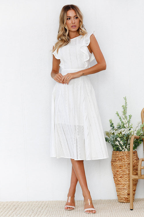 Eyelet Crew Neck Butterfly Ruffle Sleeve A-Line Midi Dress