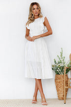 Eyelet Crew Neck Butterfly Ruffle Sleeve A-Line Midi Dress
