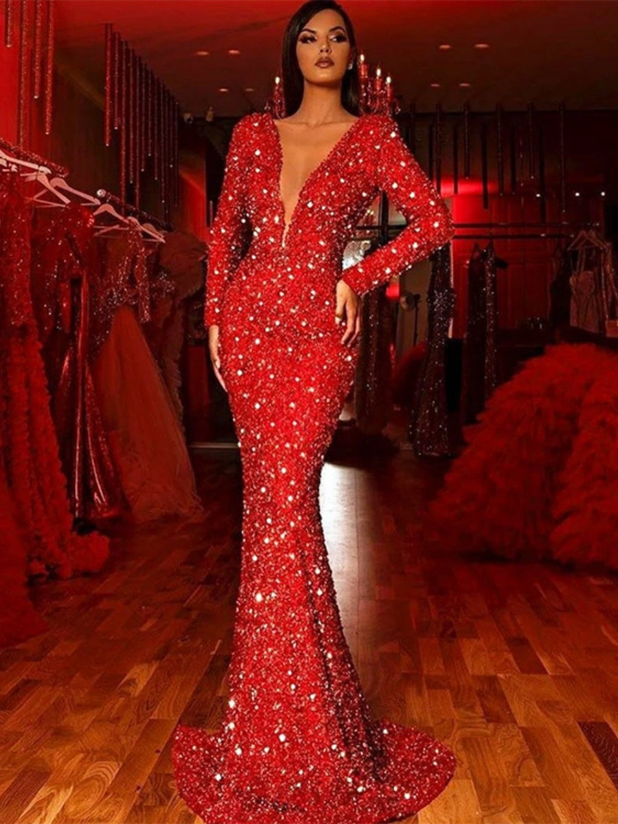 V-neck Long Sleeve Glitter Fishtail Edge Maxi Dresses