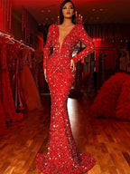 V-neck Long Sleeve Glitter Fishtail Edge Maxi Dresses