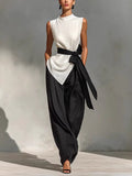 Two-piece Set: Tie-waist Sleeveless Tencel Linen Top And Wide-leg Pants