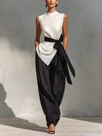 Two-piece Set: Tie-waist Sleeveless Tencel Linen Top And Wide-leg Pants