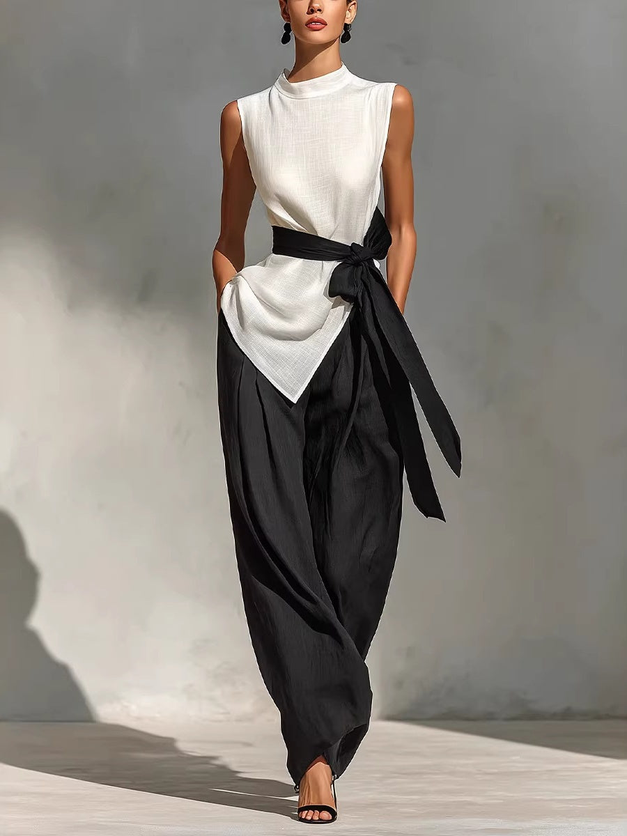 Two-piece Set: Tie-waist Sleeveless Tencel Linen Top And Wide-leg Pants