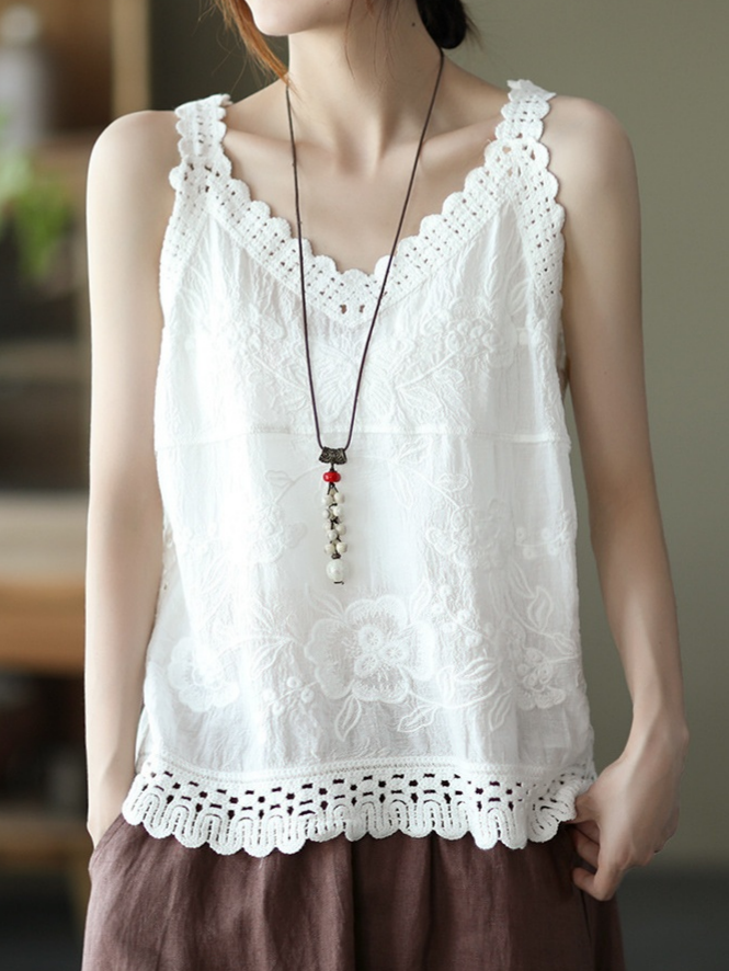 Cotton Linen Embroidered V-neck Camisole