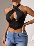 Mesh See-through Cross-neck Steel Ring Fishbone Bra