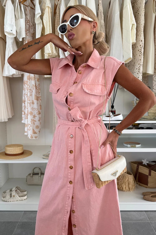 Sleeveless Collared Button Down Tie Waist Chest Pocket Midi Shirt Dress