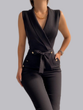 V-neck Button Zipper Sleeveless Slim Fit Jumpsuits