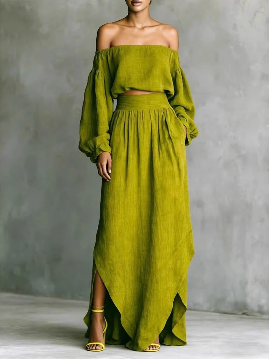 Off Shoulder Cropped Long-sleeved Two-piece Suit