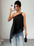 Irregular Hem Lace Stitching Sloping Shoulders Metal Tank Tops&Camis