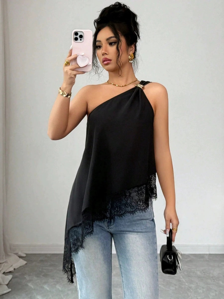 Irregular Hem Lace Stitching Sloping Shoulders Metal Tank Tops&Camis