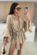 Textured Bell Sleeve Tie Waist Deep V-Neck Romper