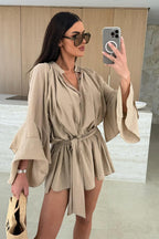 Textured Bell Sleeve Tie Waist Deep V-Neck Romper