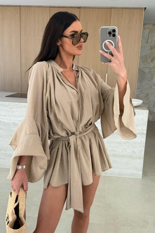 Textured Bell Sleeve Tie Waist Deep V-Neck Romper