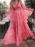V-neck Long Sleeve Floral Maxi Dresses