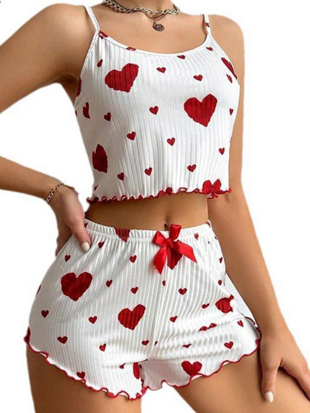 Heart Print Suspender Shorts Pajama Set