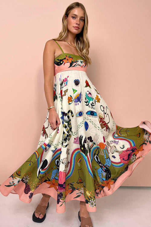 Spaghetti Strap Square Neck Illustrative Print Empire Waist Midi Dress