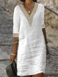 Crochet Trim V-Neck Pocket Patch Three-Quarter Sleeve Shift Mini Dress