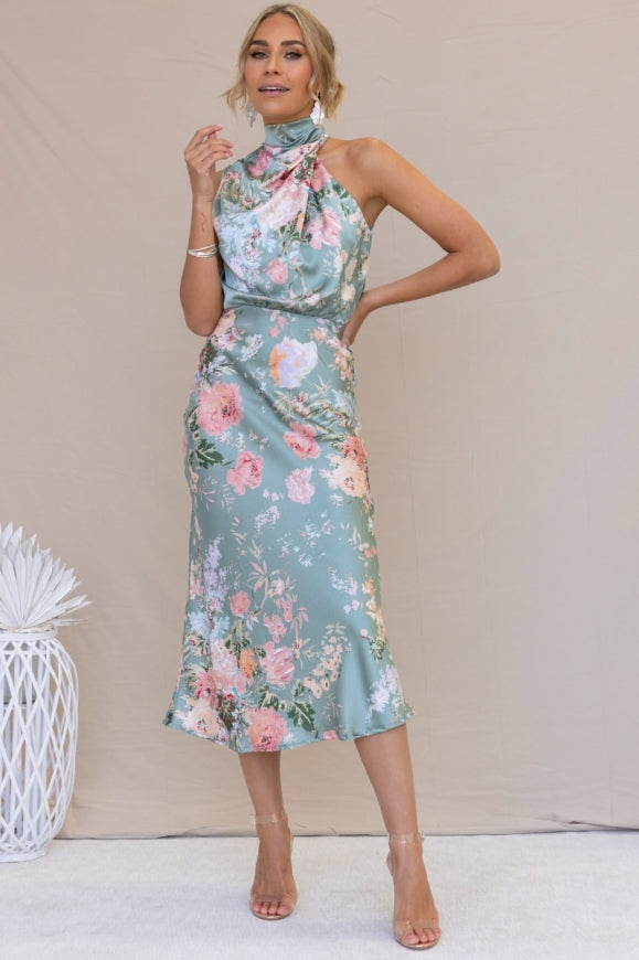 Satin Floral Print Halter Neck Cowl Neck Two Piece Set