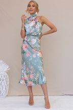 Satin Floral Print Halter Neck Cowl Neck Two Piece Set