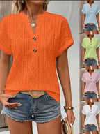 Knitting Buttons V-neck Short Sleeve T-shirts