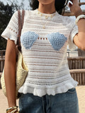 White Vacation-style Versatile Openwork Sexy Knit T-shirt