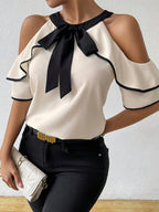 Bow Neckline Off-shoulder Double-layer Short Sleeve T-shirts