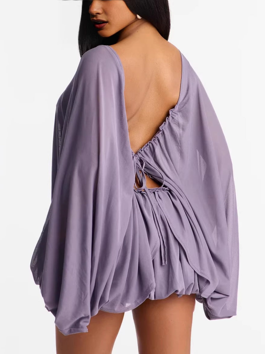 Batwing Sleeves Backless Bandage Ruffled Edges Purple Mini&Short Dresses