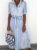 Hollow-out Short-sleeved Belted Long Dress