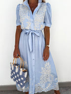 Hollow-out Short-sleeved Belted Long Dress