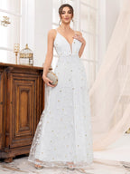 Deep V-neck Wedding Dress Applique Multi-story Maxi Dresses