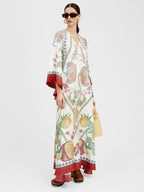 Floral Print Three-quarter Sleeve Stand Collar Long Dress