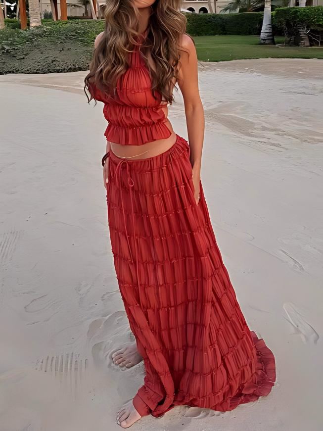 Two-piece Set Of Backless Halter Neck Adjustable Sleeveless Long Dress For Vacation At The Beach