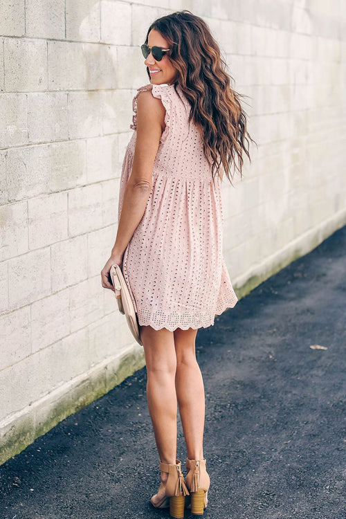 V-Neck Eyelet Lace Flutter Sleeve Pocket Babydoll Mini Dress