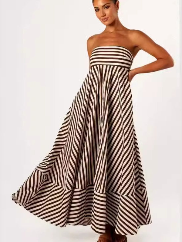 Striped Backless Halter Top Sexy Full Skirt High-waisted Long Dress