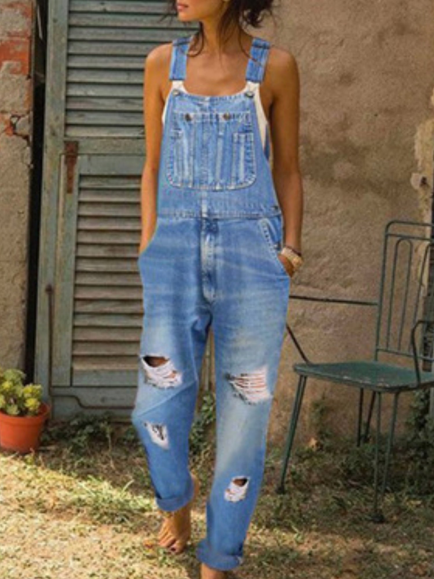Hole Washed Pocket Denim Overalls