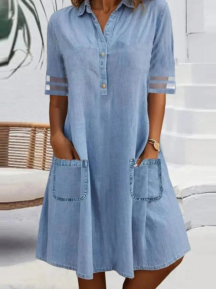 Mesh-paneled Solid Color Denim Short-sleeved Midi Dress