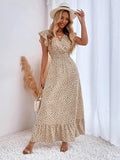 Floral Lotus Leaf Sleeves V-neck Vacation And Leisure Maxi Dresses