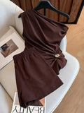 Brown Asymmetrical Off-shoulder Pleated Sleeveless Top And Shorts Two-piece Set