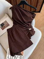 Brown Asymmetrical Off-shoulder Pleated Sleeveless Top And Shorts Two-piece Set