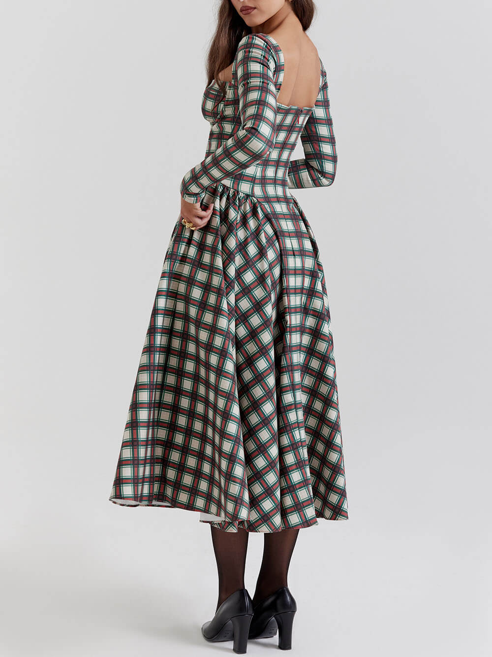 Plaid Sweetheart Neck Corset Bodice Basque Waist Pleated Midi Dress