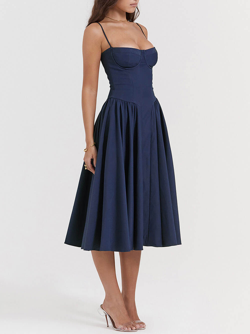 Sweetheart Bustier Dropped Waist Pocket Side Fit and Flare Midi Dress