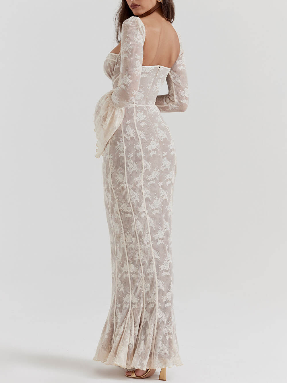 Sweetheart Neck Corset Seam Floral Lace Bell Cuff Mermaid Maxi Gown