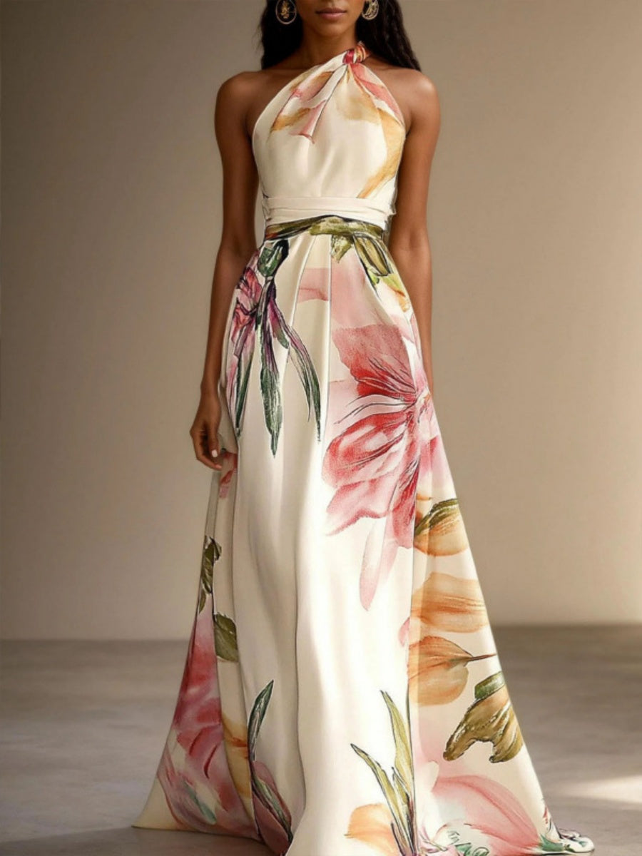 One-shoulder Floral Print Party Vacation Long Dress