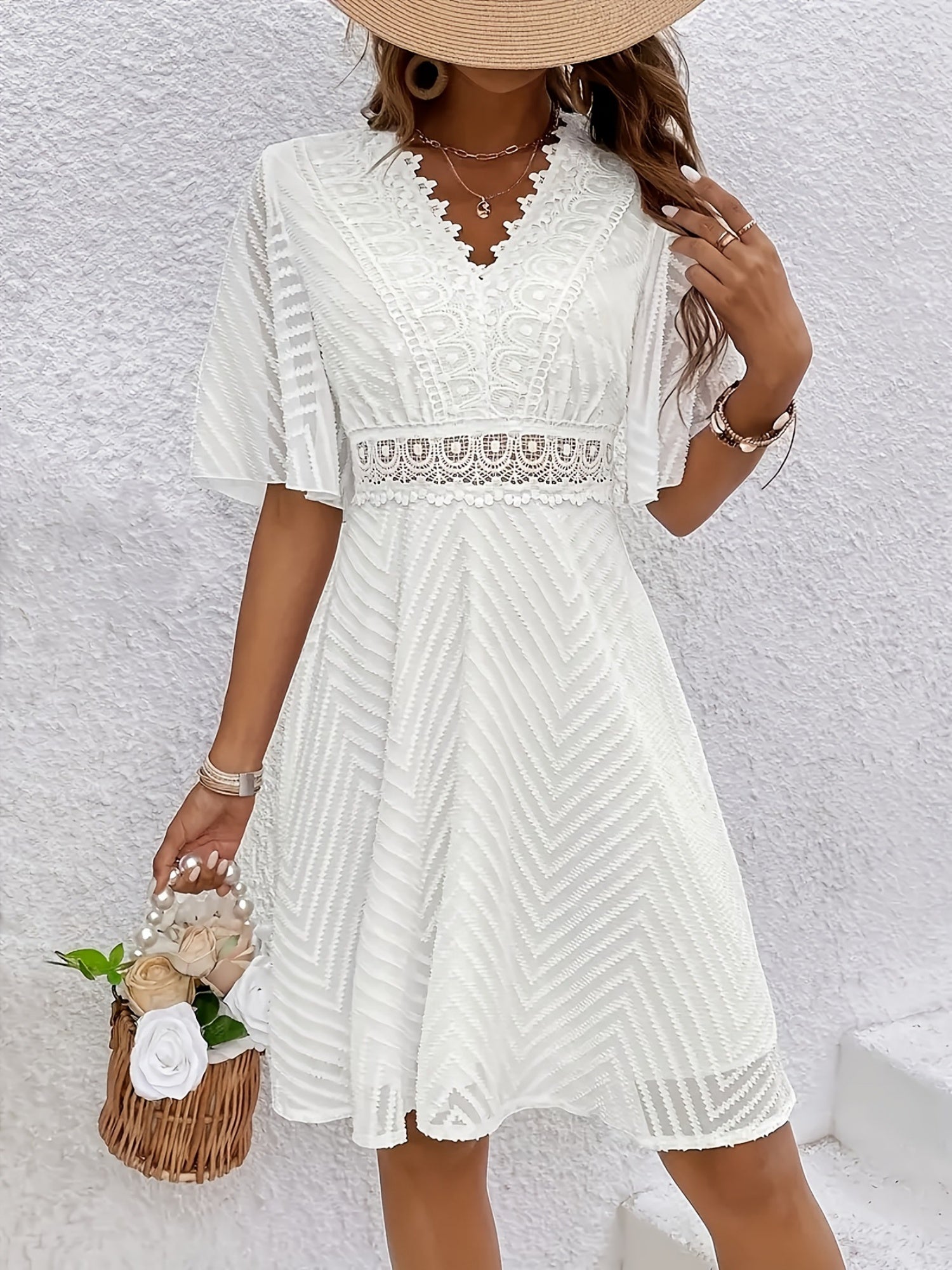 Lace Patchwork Hollow Out Stripes V-neck Short Sleeve Mini&Short Dresses